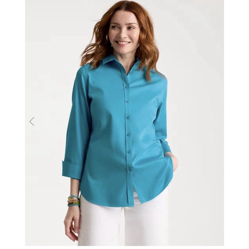 Chicos Lagoon Blue Teal No Iron Shirt Collar Stretch 100% Cotton 3/4 Sleeve Sz 3